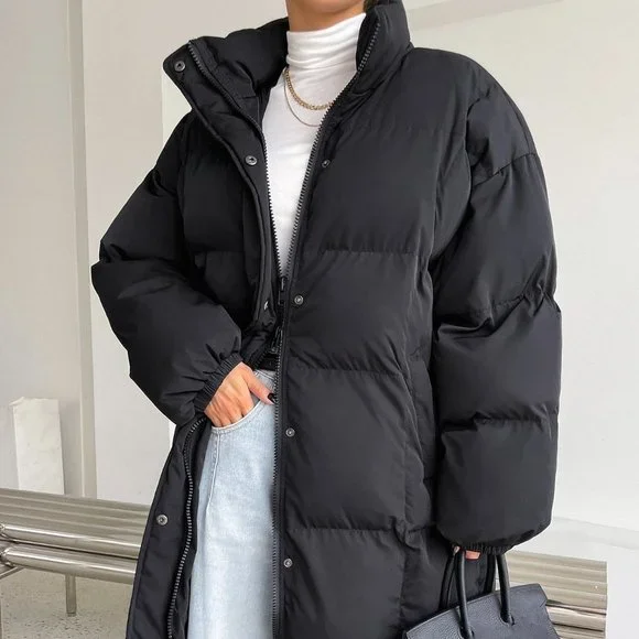 Black Casual Womens Drop Shoulder Slant Pockets Puffer Coat - Picture 3 of 6